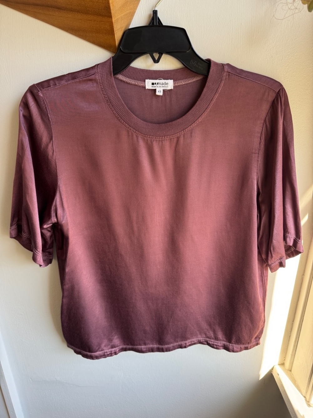 LA Made Satin Short Sleeve Crewneck Tee in Mauve Plum